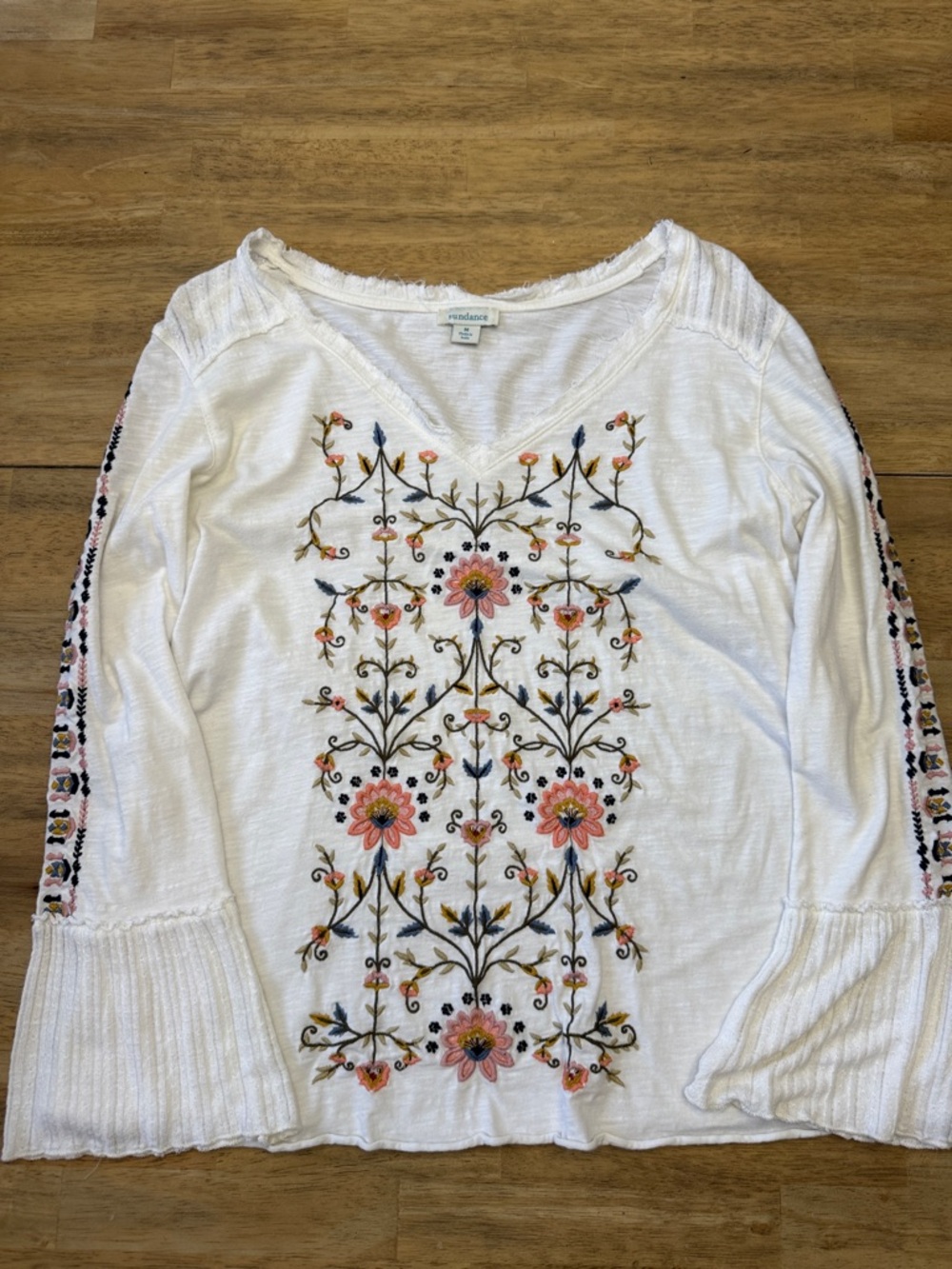 Sundance White Long-Sleeve V-Neck Top with Floral Embroidery